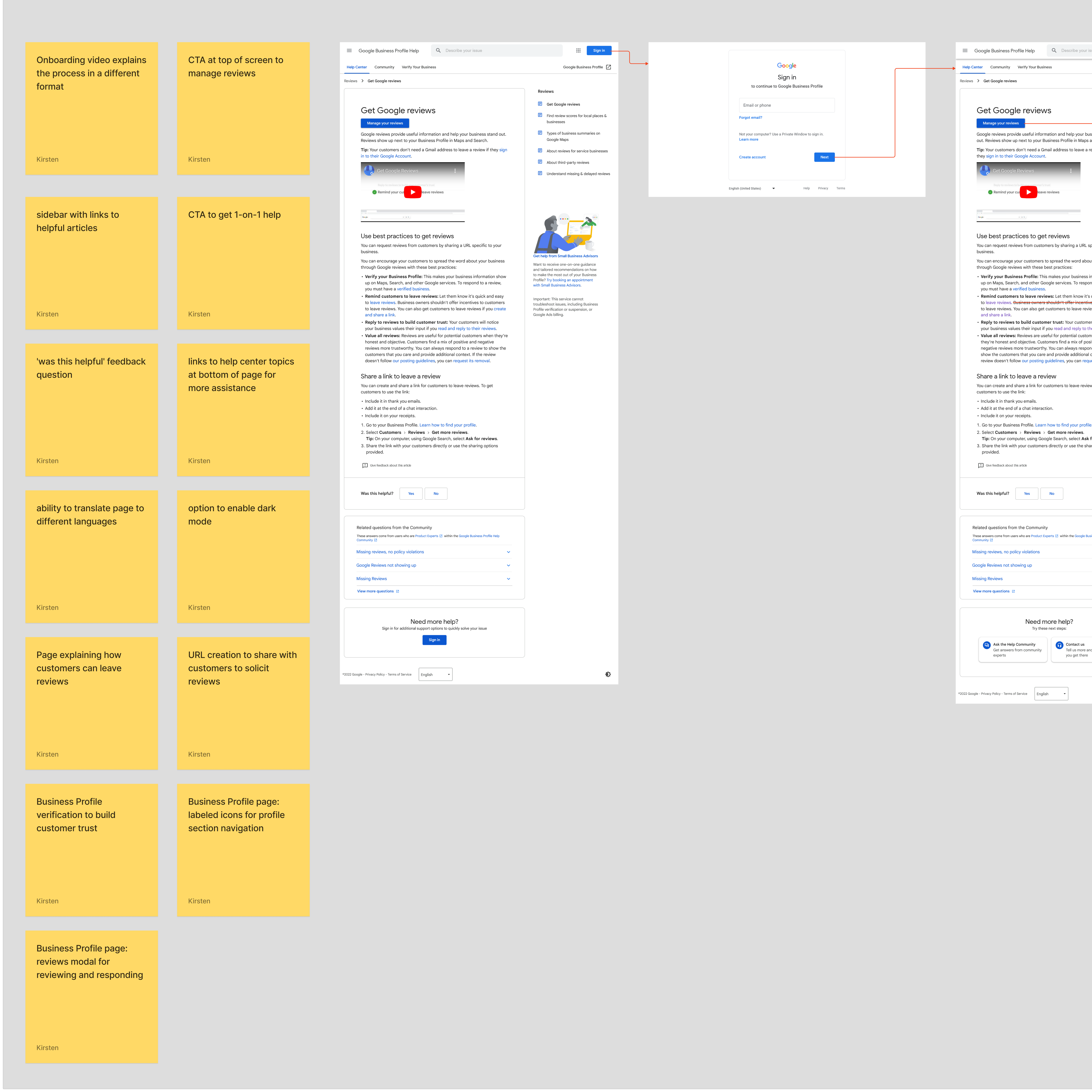 Partial feature analysis of Google Reviews: two columns of digital yellow sticky notes with website features on each of them, next to screenshots of pages from the Google Reviews website.