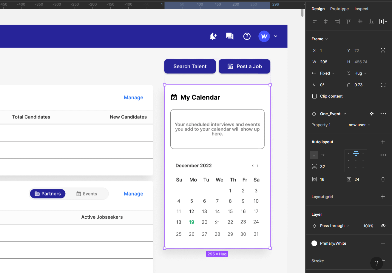 A screenshot of the Prentus dashboard wireframe with the Auto Layout specifications for the calendar element.