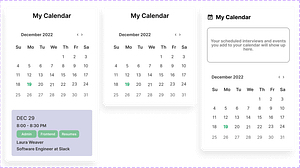 Three variations of calendar components, including with an event added, without an event, and with placeholder text indicating where events will show.