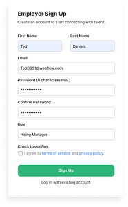 Mockup of employer sign up form, asking for information like name, email address, and password to begin the onboarding process.