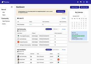 Mockup of the Prentus dashboard with a message prompting the user to leave a Talent Partner review.