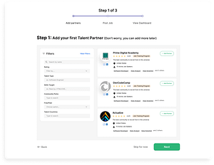 Mockup of the 'Add Partner' step in the onboarding process where users can search for and add talent partners to their network.