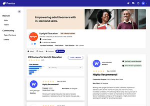 Mockup of the Talent Partners page design, showing the submitted reviews and review filters.