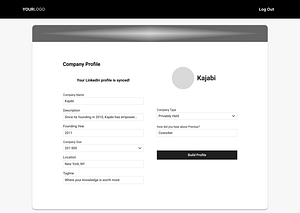 Medium fidelity wireframe of a company profile form partially filled out for the company Kajabi.
