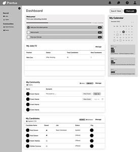 Medium fidelity wireframe of the Prentus dashboard after finishing the initial onboarding process.
