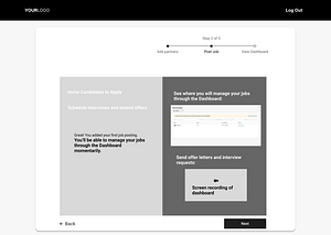 Medium fidelity wireframe of the job posting confirmation message during the initial onboarding process.