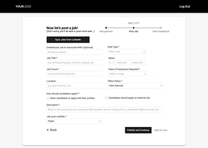 Medium fidelity wireframe of the job posting form used during the onboarding process.
