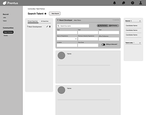 Medium fidelity wireframe of the Search Talent page showing search filters.