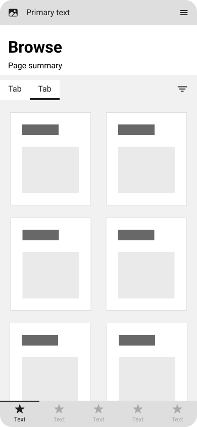 Monochromatic mobile-sized wireframe design for an inventory browsing page.