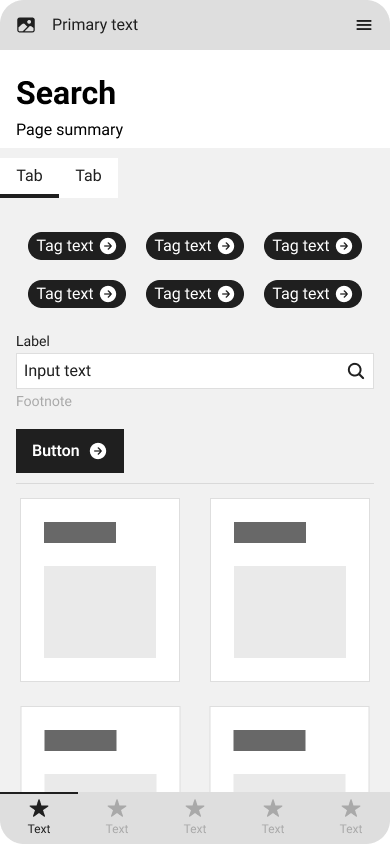 Monochromatic mobile-sized wireframe design for an inventory search page.