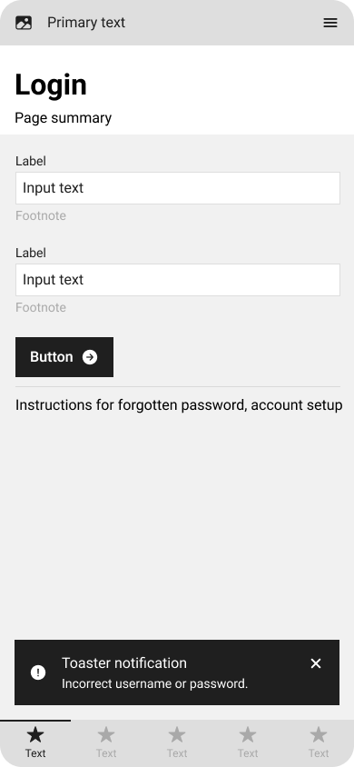 Monochromatic mobile-sized wireframe design for a login page.