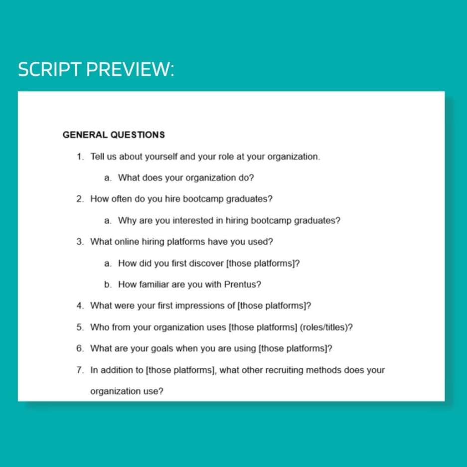 Screenshot of a script document that starts with an outlined list of general questions to ask the person being interviewed.